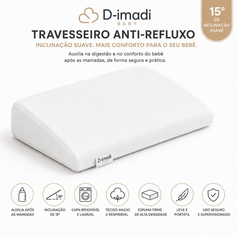 Travesseiro Tam G, Anti Refluxo Inclina Bebê Rampa Anatômica Berço Carrinho Fronha Lavável