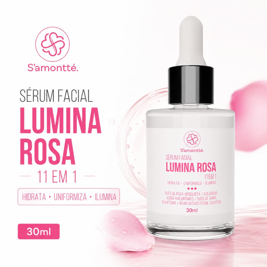 Sérum Facial Lumina Rosa S’amontté 11 em 1 30ml Hidratante Clareador Uniformiza Ilumina Anti Idade Pele Macia