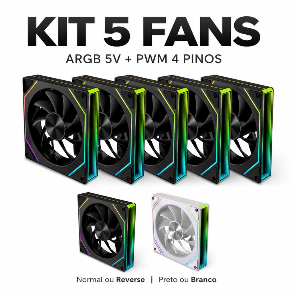 Kit 5 Cooler Fan ARGB Prism Pro 6 120mm 5V 3 Pinos PWM 4 Pinos Normal/Reverse Preto ou Branco