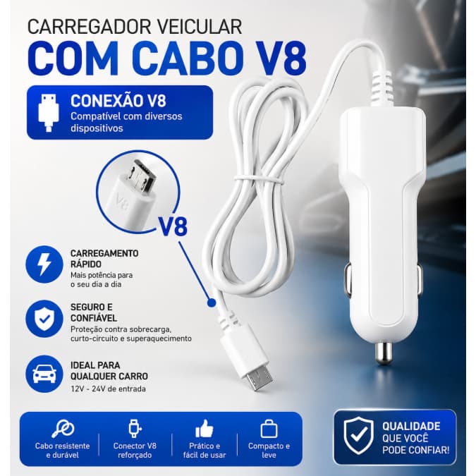 Carregador Veicular Carga Rapida Usb V8 2.5a na Cor Branco X-Cell