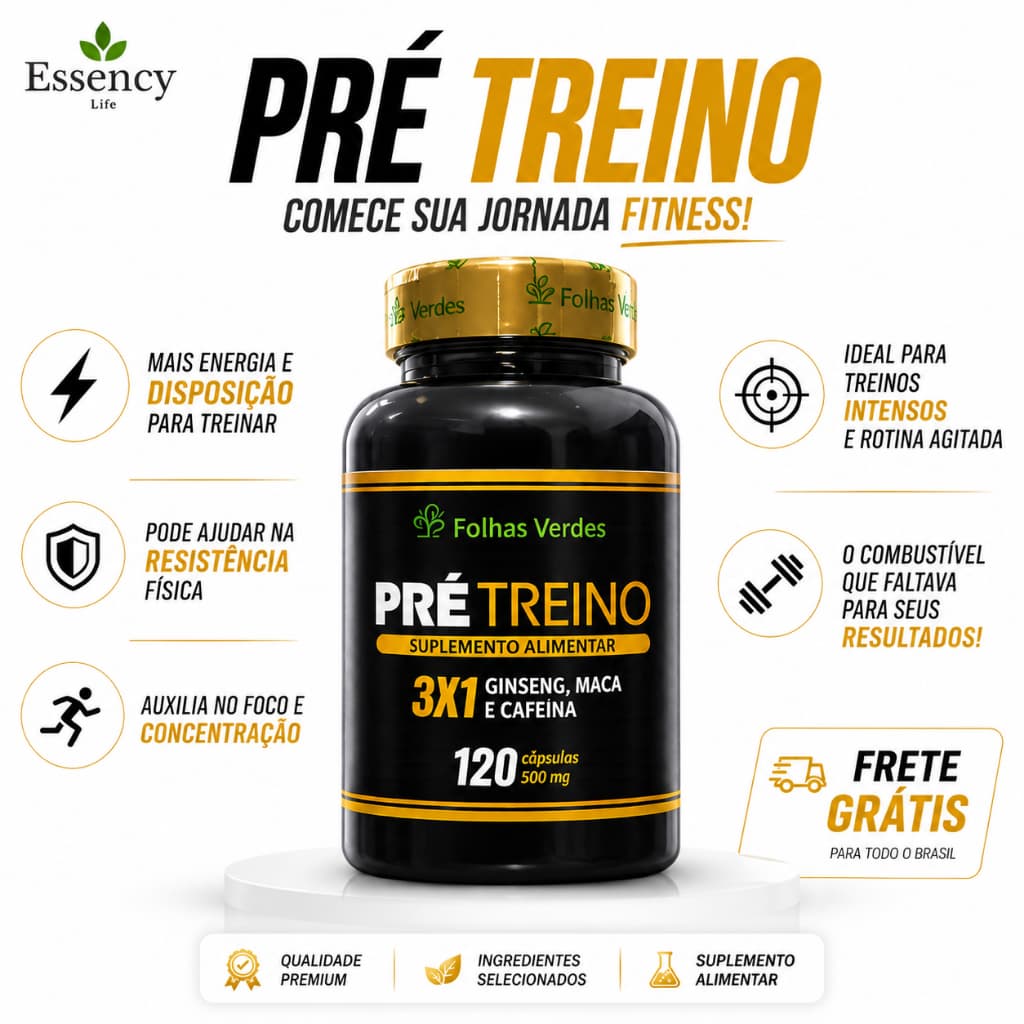 Pré Treino Natural |Cafeína + Ginseng Energia Foco e Disposição - até 360 Cápsulas | Folhas Verdes