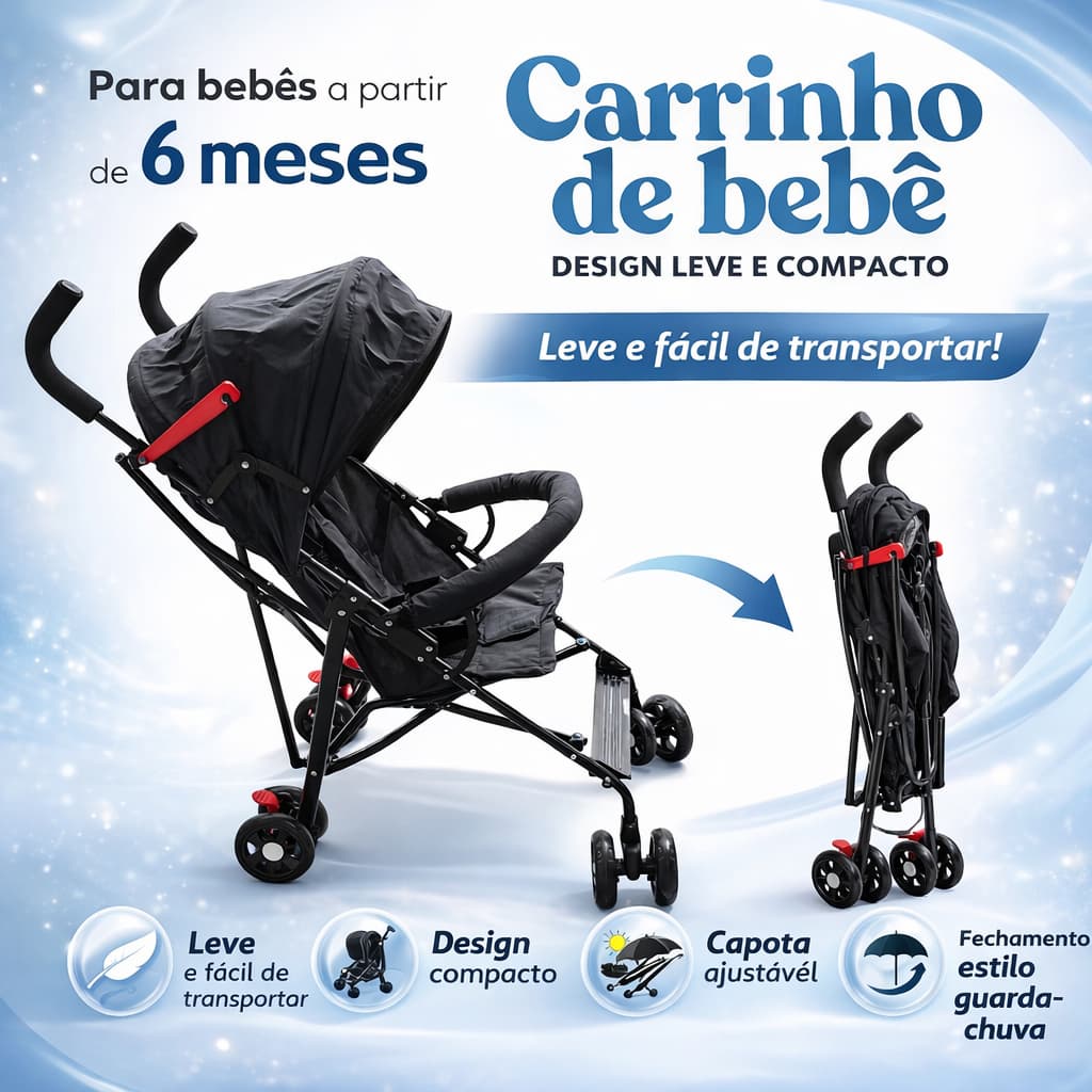 Carrinho de Bebê Guarda-Chuva Dobrável Leve para Passear com Bebê 6 Meses+ Bolsa Carro Ônibus Avião