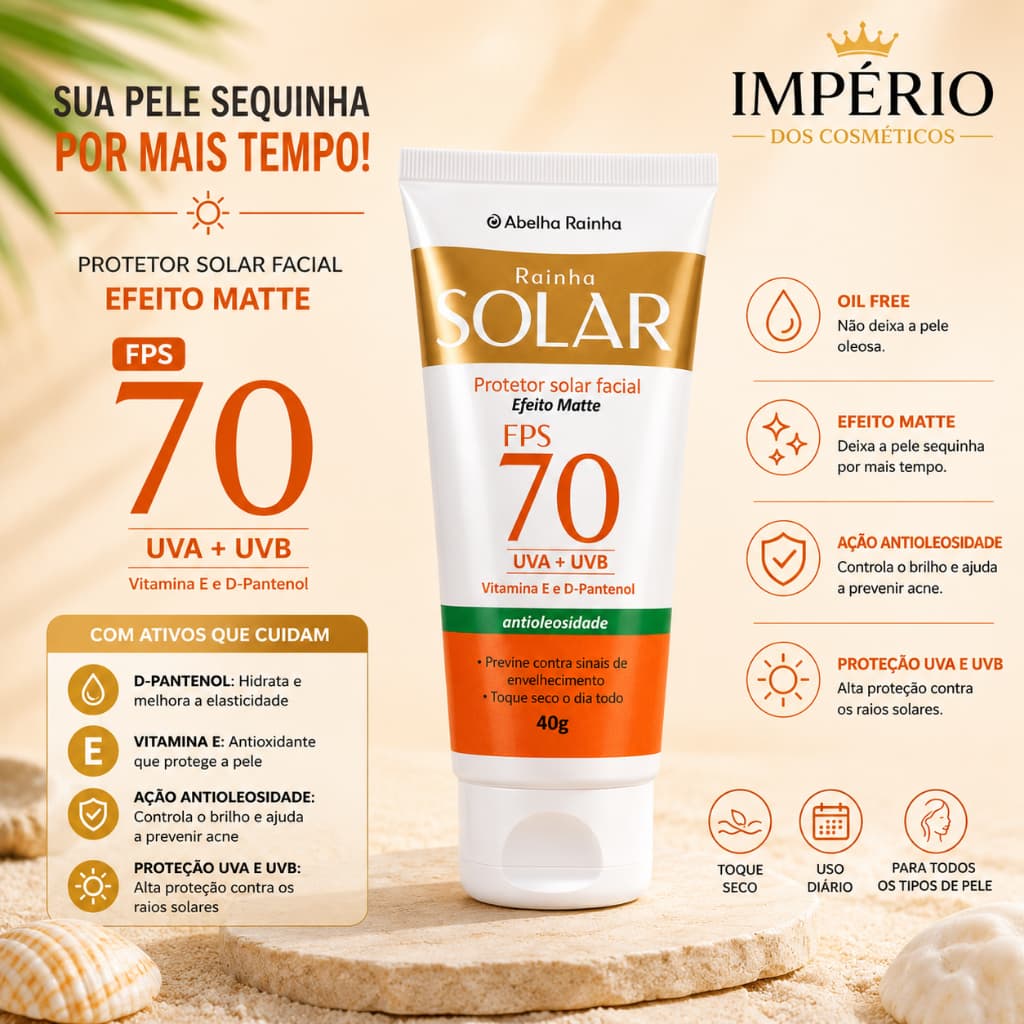 Protetor Solar Facial Antioleosidade FPS 70 Efeito Matte Abelha Rainha