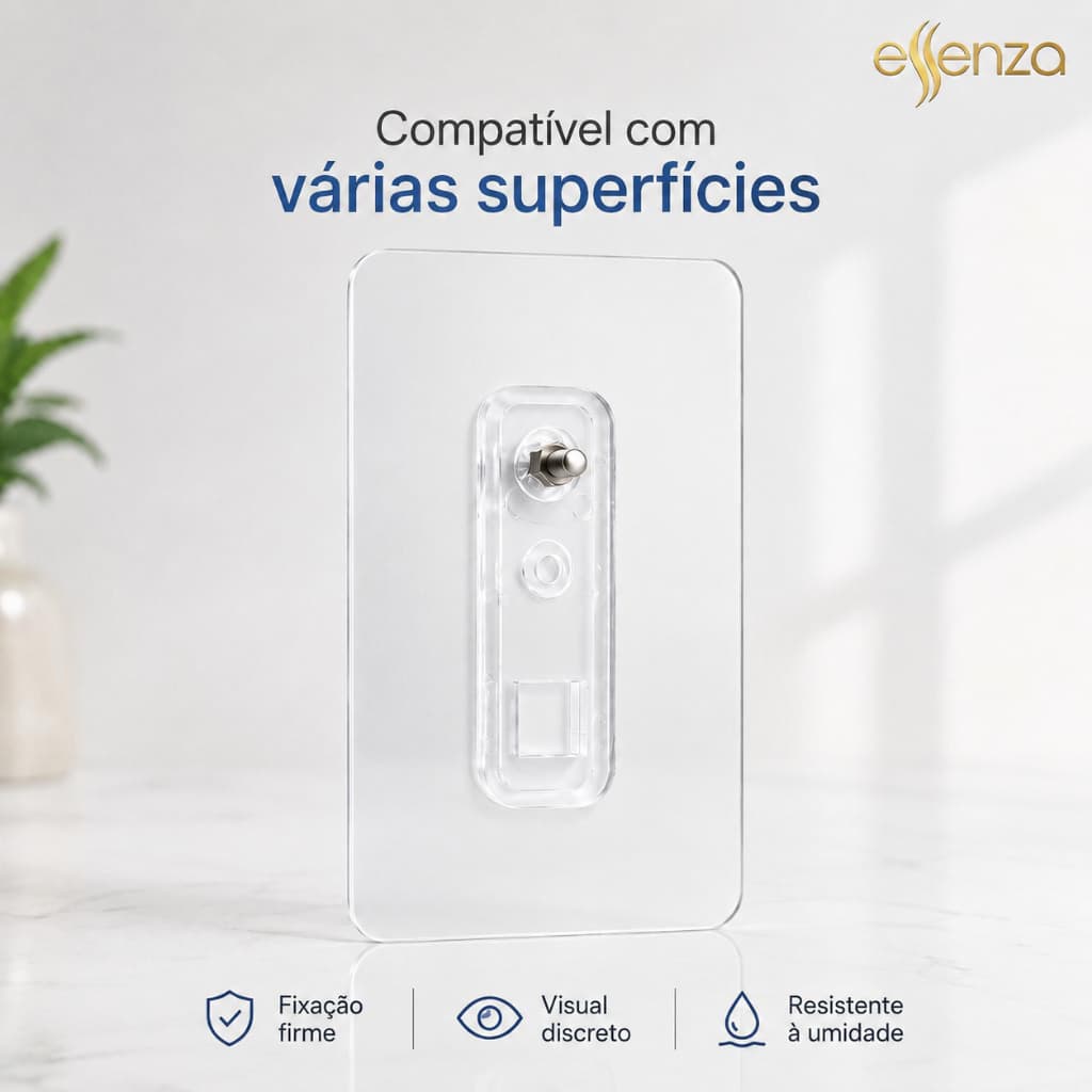 Kit 2 Suporte Adesivo Sem Furo Essenza Gancho Transparente Para Prateleira Banheiro Cozinha Forte