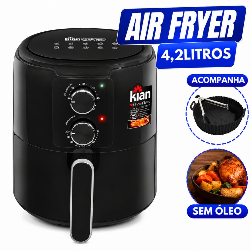 Air Fryer Kian Turbo AF-103 4,2L 220V Preta Fritadeira Sem Óleo Potente, Prática e Econômica