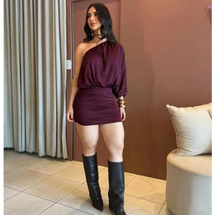 vestido suplex curto feminino assimetrico manga longa elegante moda inverno drapeado moda gringa temdencia luxo festa