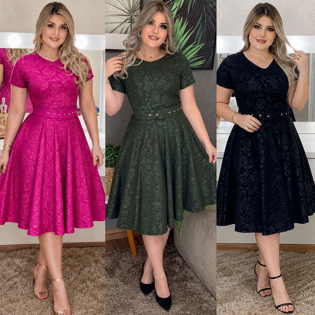 Vestido Social Feminino Midi Godê Jacquard com Cinto Moda Evangélica