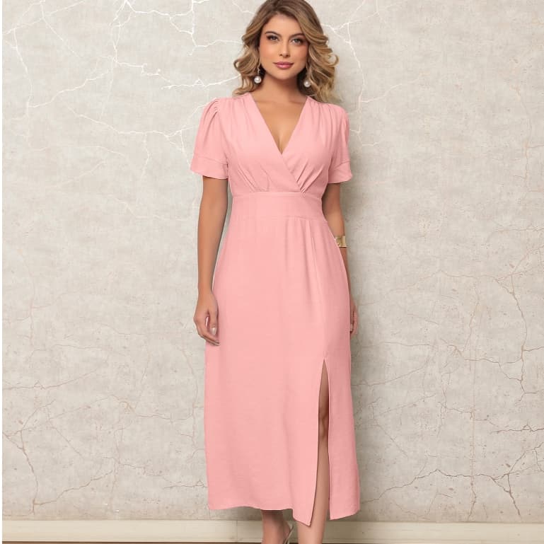 ONLYONE- VESTIDO MIDI FEMININO ELEGANTE MARANTE DECOTE V TRANSPASSADO E FENDA LATERAL- VESTIDOS FEMININOS FESTA