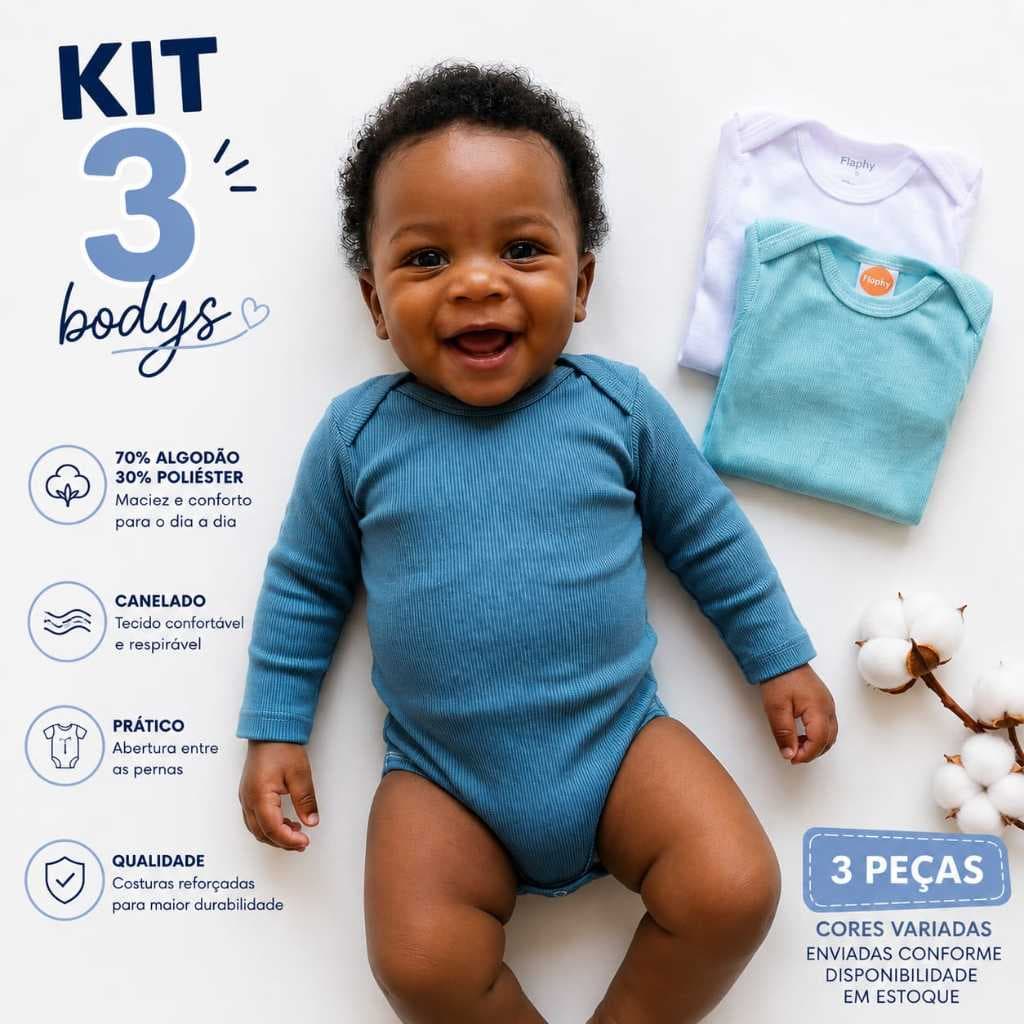 Kit 3 Bodies Bebê Manga Longa Canelado Roupa De Neném Enxoval De Inverno Menino Menina Unissex Body