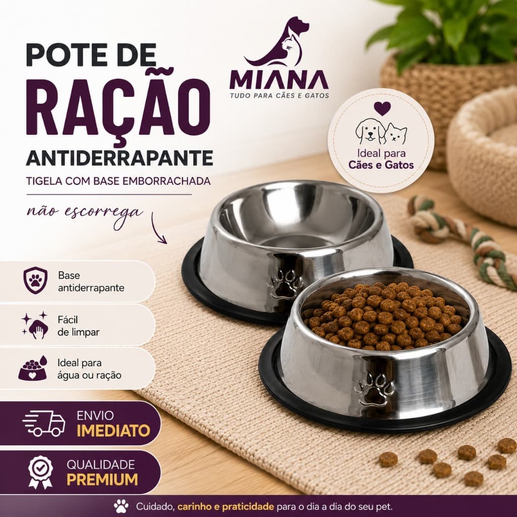 Kit 2 Pote de Ração Comedor Aço Inox com BASE DE BORRACHA Inox Cachorro Gato Pets Comedouro