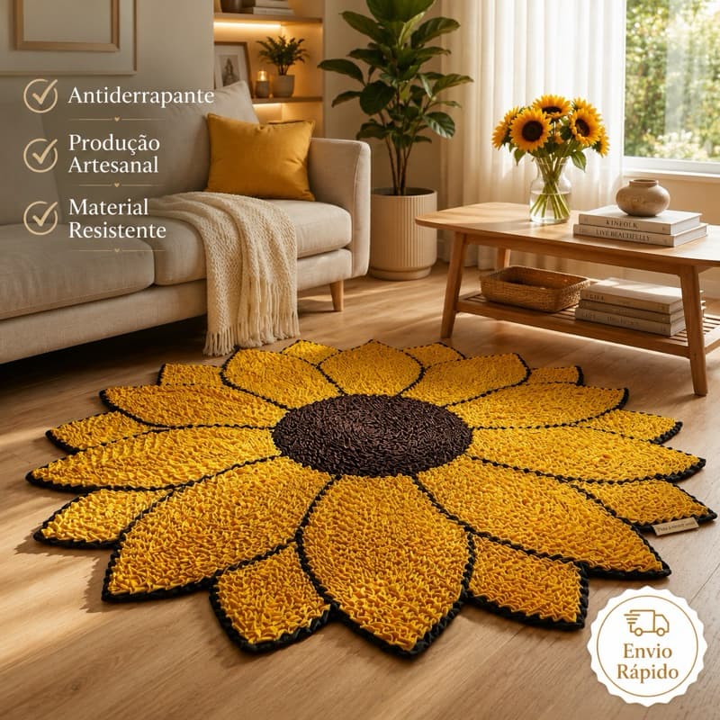 Tapete Girassol Artesanal Antiderrapante | Decoração Premium para Sala | Tapete Fru-fru Personalizado