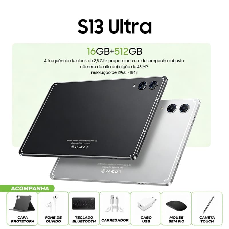 S13 Ultra Tablet Android Tela Grande 11.6 FHD 16+512GB WiFi 5G Uso Trabalho Estudo 8800mah