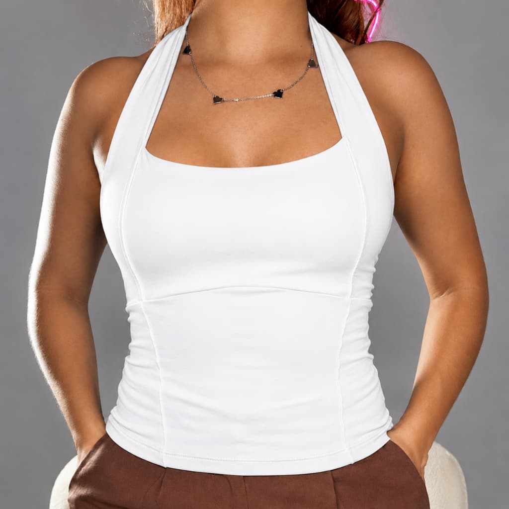 Blusa Halter Feminina Frente Única Regata Academia Efeito Silicone Costas Nuas Casual Elegante Premium