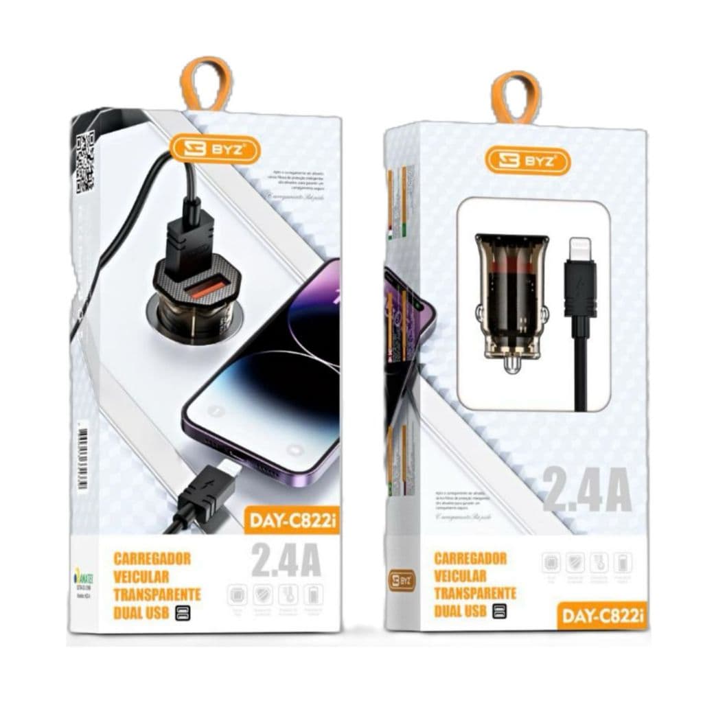 Carregador Veicular transparente Dual USB 2.4 A