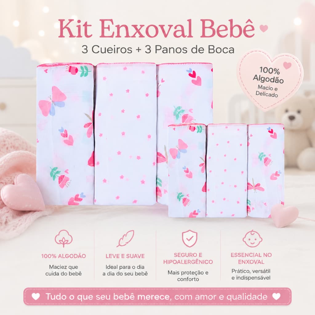 Kit 6 Pçs Cueiro Mantinha + Paninho Babete Enxoval Completo Bebe Chá Revelação