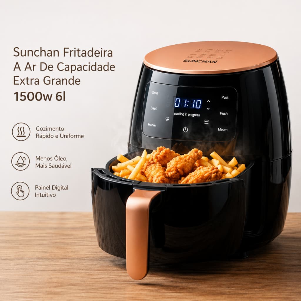 Fritadeira Air Fryer Digital SUNCHAN 6L 1500W Painel Touch Cesto Antiaderente Timer 110V Preta