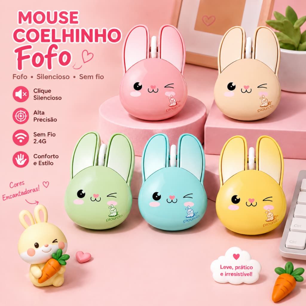 Mouse Óptico Coelhinho Wireless Sem Fio 2.4g Silencioso Fofo Para Tablet Pc Notebook