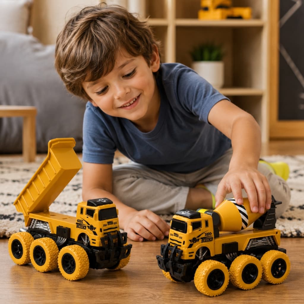 Kit Pack 2 Carrinhos Infantil Caminhão Obras Betoneira Giratória e Caçamba Articulada P/ Crianças - Castela