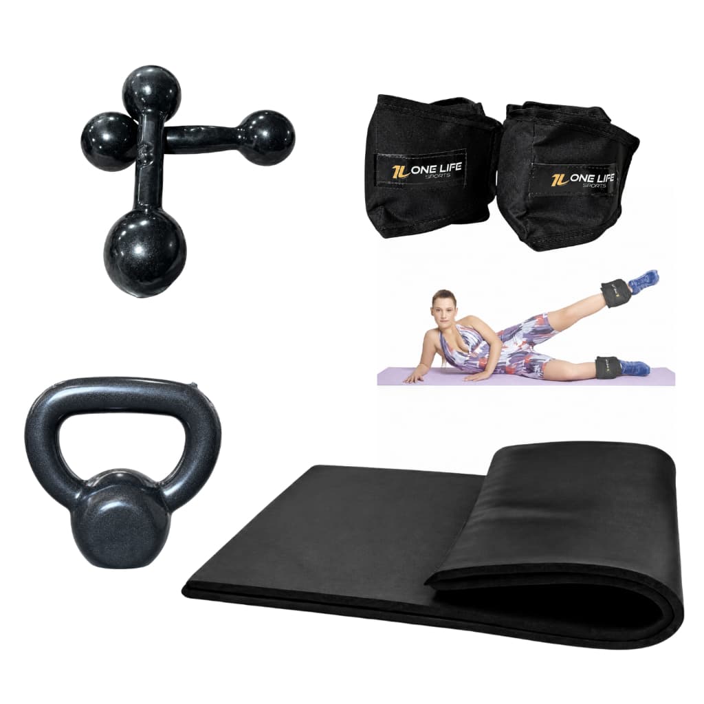 Kit Treino em Casa One Life Sports – Caneleiras 5kg + Halter 3kg + Colchonete + Kettlebell 4kg Musculação