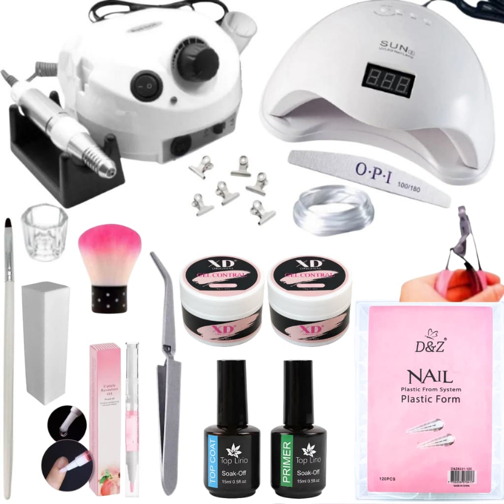 Kit Completo Alongamento Unha Gel e Fibra com Motor 50.000RPM  Nail Drill Profissional Manicure