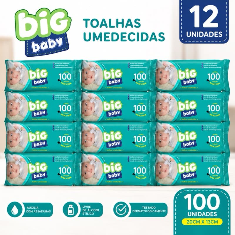 Kit 12 Toalhas Umedecidas Big Baby 100 Unidades Lenço Umedecido Bebê Sem Álcool Higiene Infantil