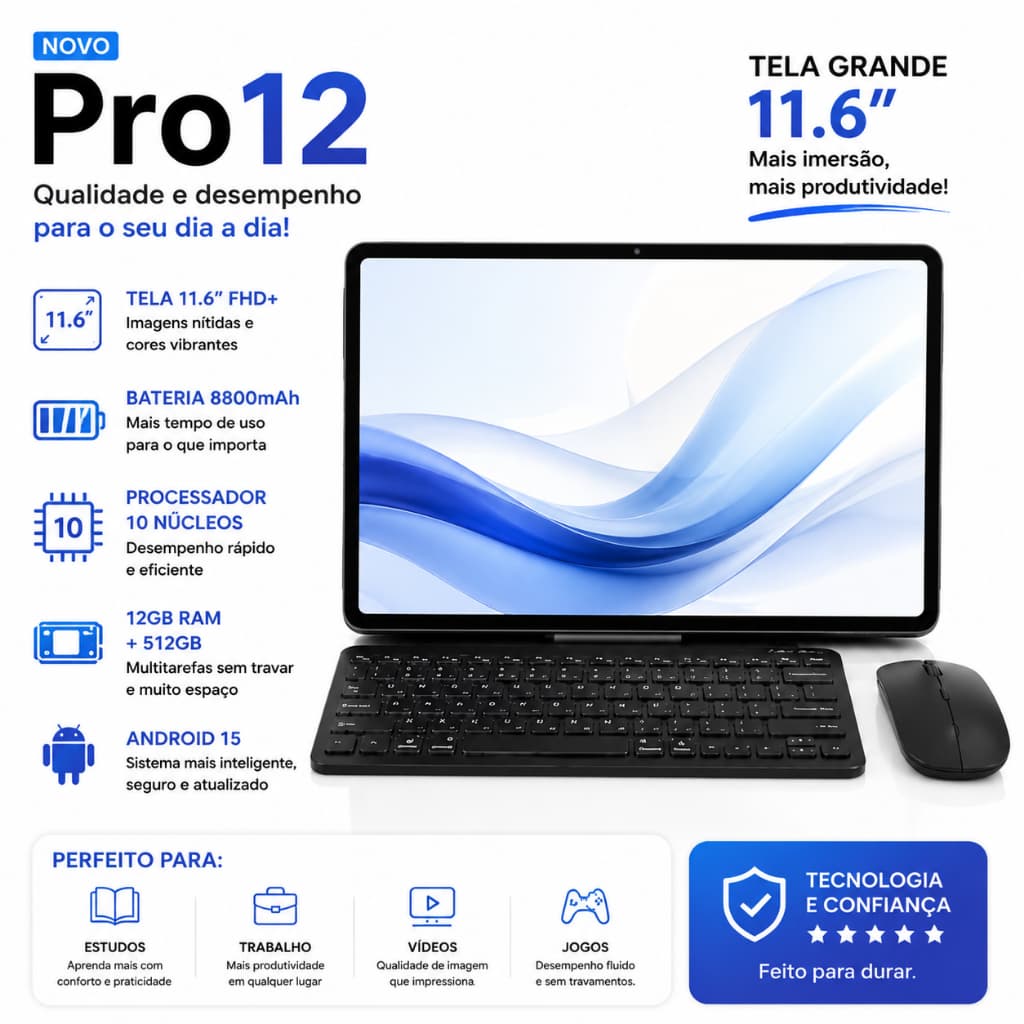 Galaxy Pro12 Tablet | 12GB RAM 512GB | 11.6" HD Screen | Android 15 | 5G | Free Keyboard and Mouse