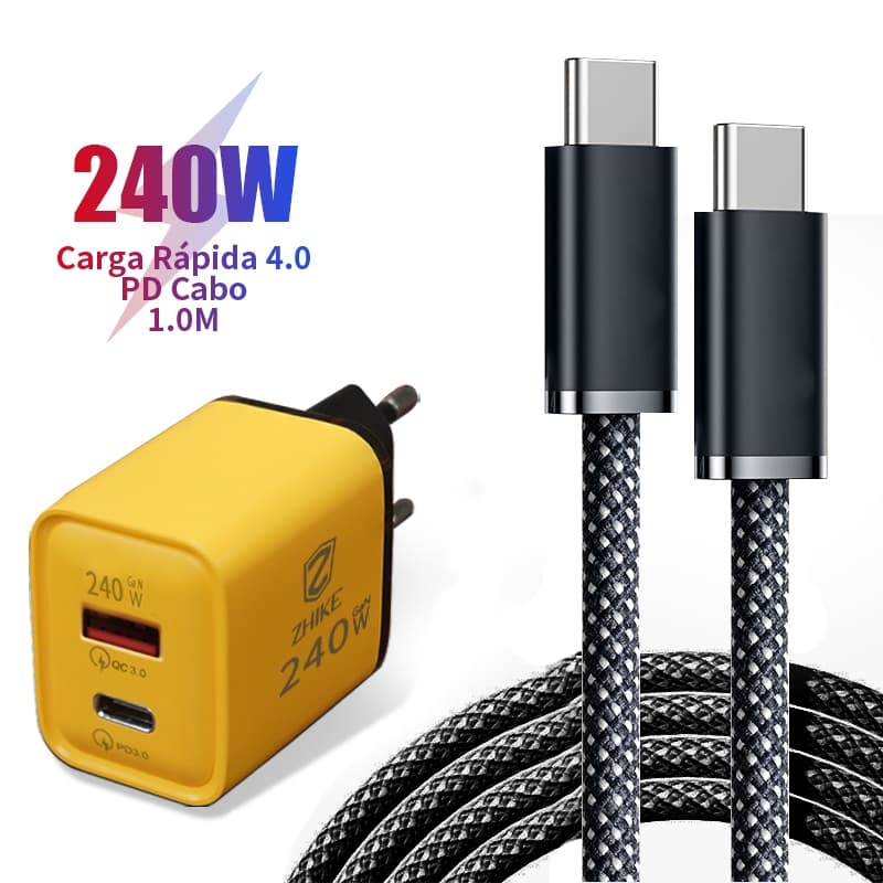 Cabo Carregador Carregamento Rápido PD Tipo C Para Tipo C Com GaN Adaptador 1M Trançado Cabo