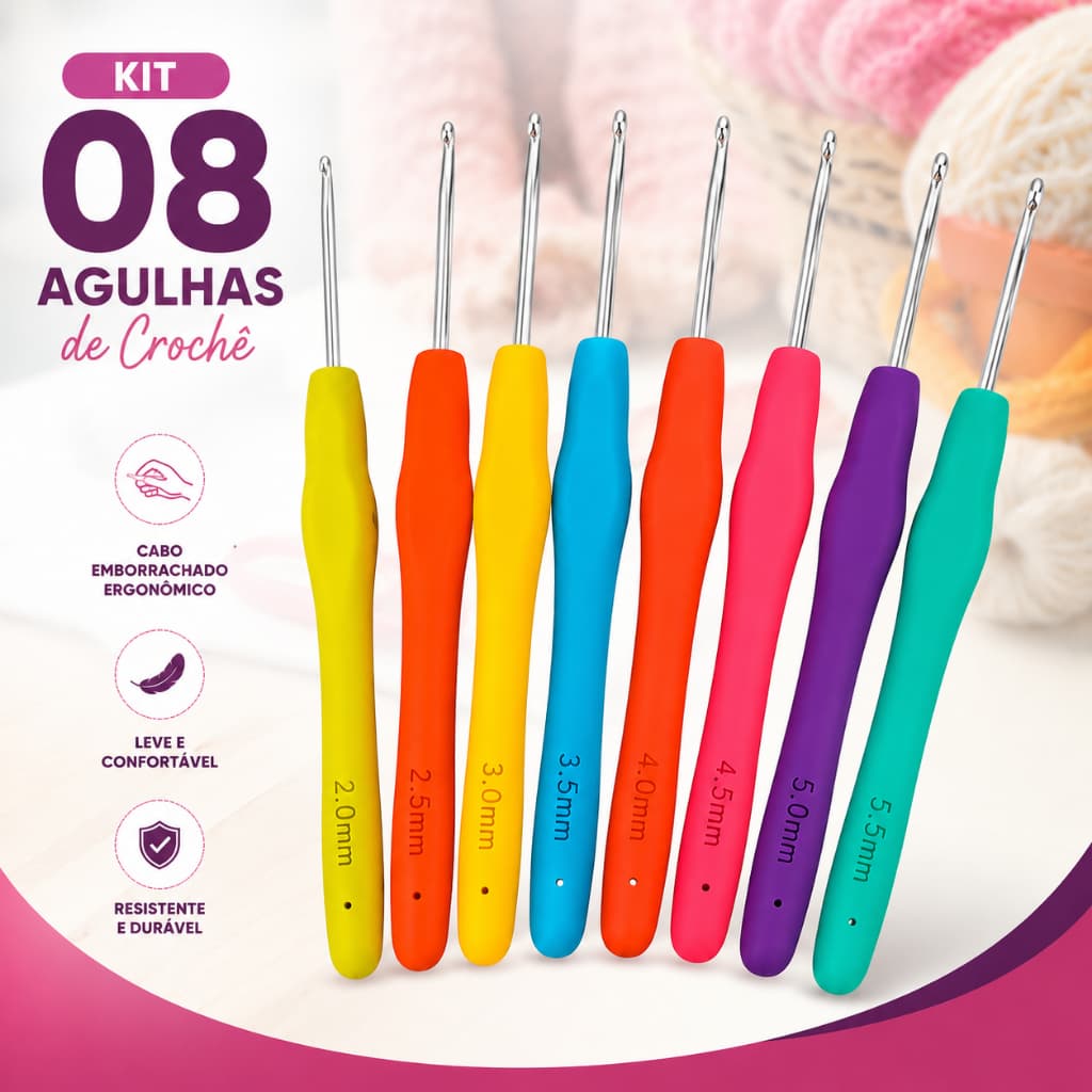 Kit 08 Agulha Barbante Para Crochê Profissional Cabo Macio Emborrachado