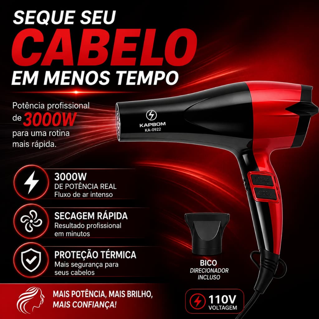 Secador de Cabelo Profissional 3000W Kapbom 110V Motor AC Ar Frio Secagem Rápida Anti Frizz Premium