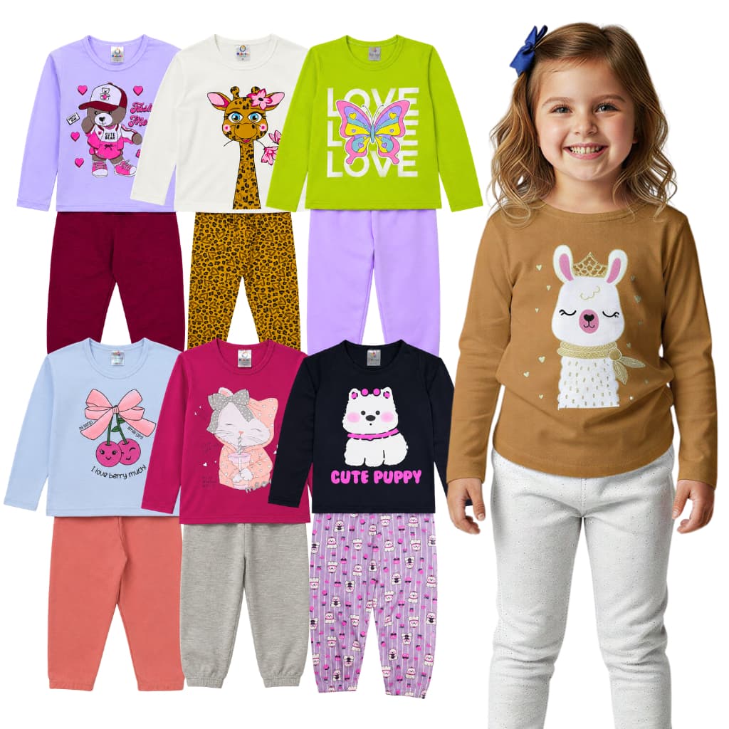Kit 6 Peças 3 Conjunto Meia Estação Menina Infantil Calça e Blusa Manga Longa Bebê Roupa Frio
