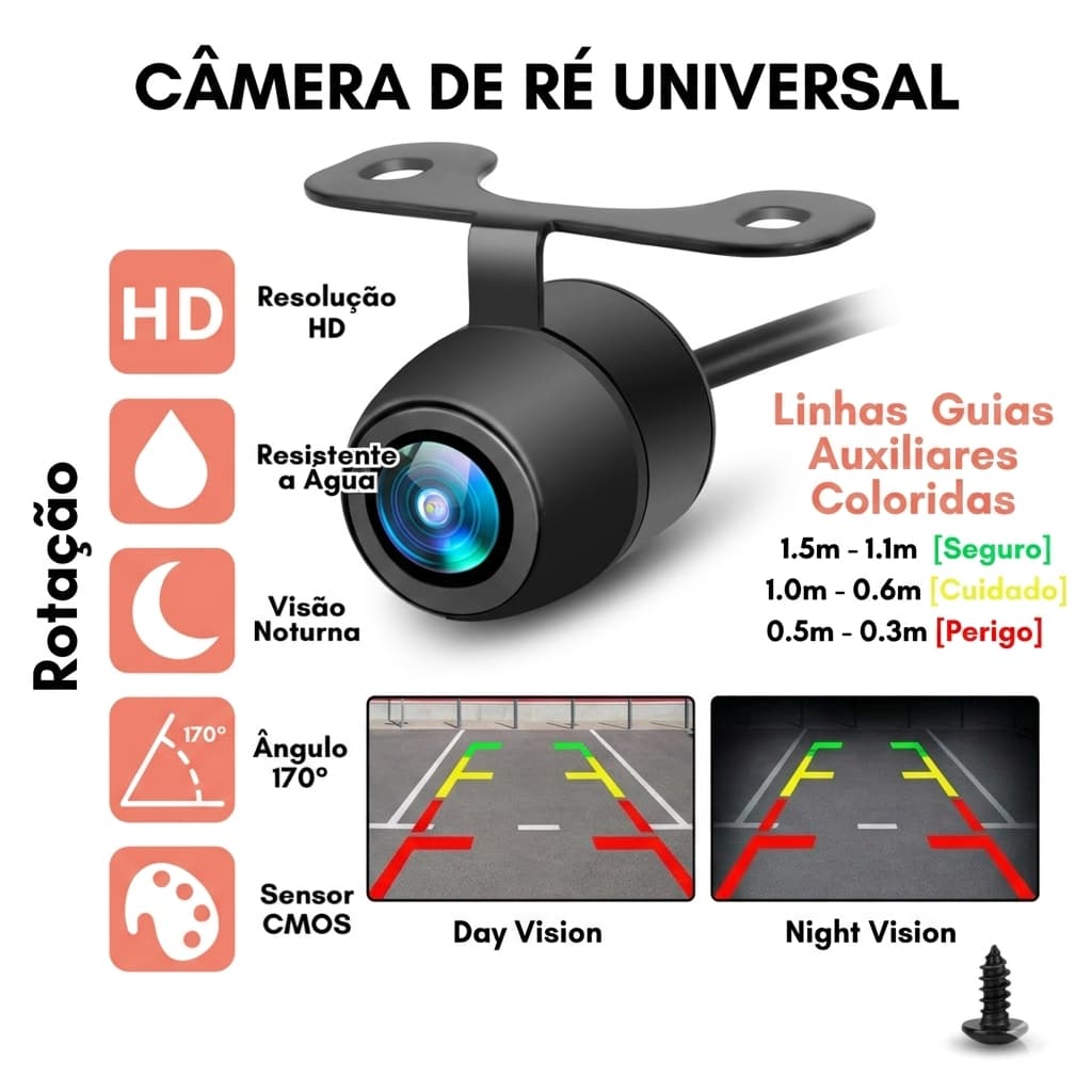 Câmera de Ré Traseira HD Universal Visão Noturna Micro Colorida Linhas Fixa Ip67 Resistente a Água para Carro Automotivo