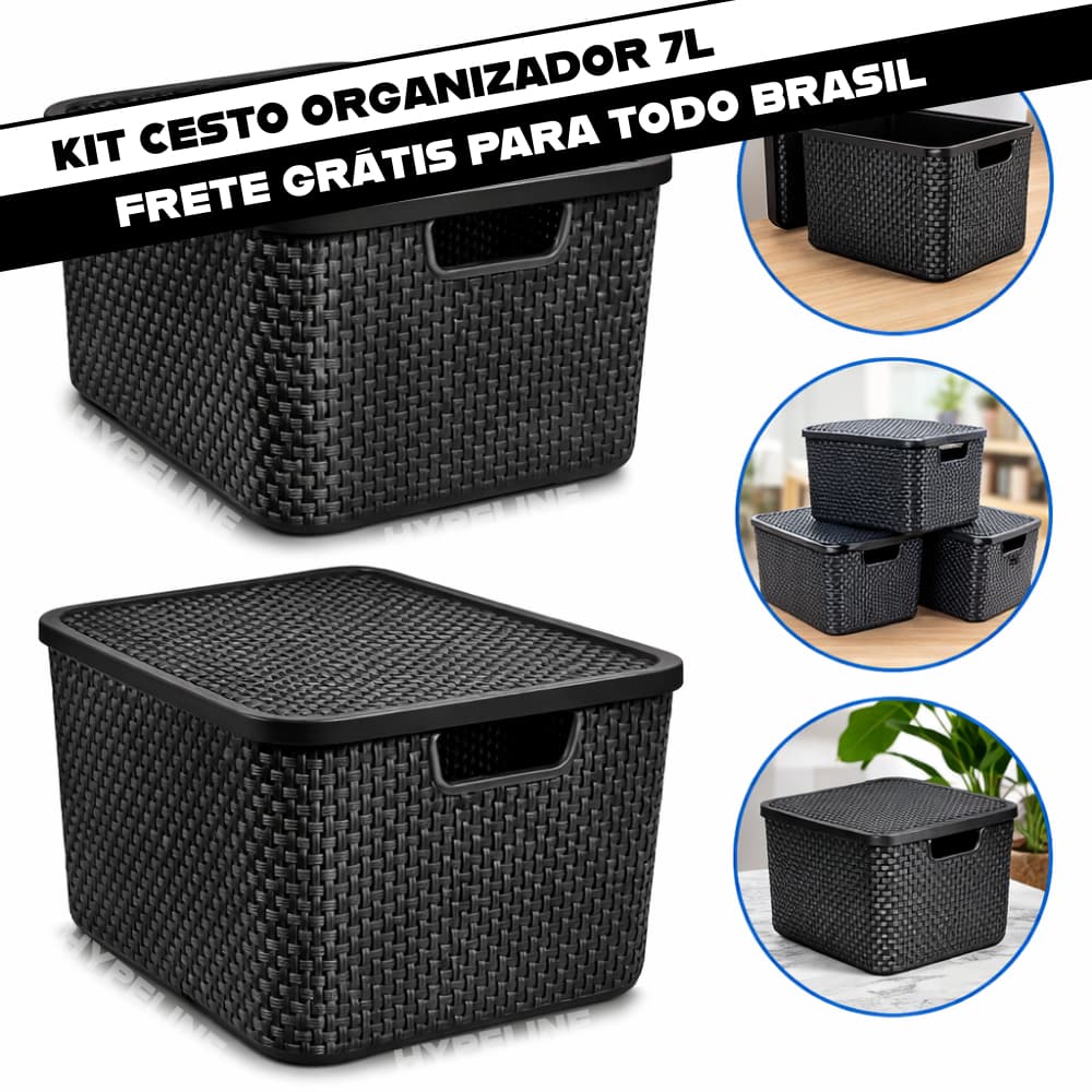 Caixa Organizadora Rattan 7L Com Tampa Cesto Organizador Multiuso Para Armário Cozinha Banheiro