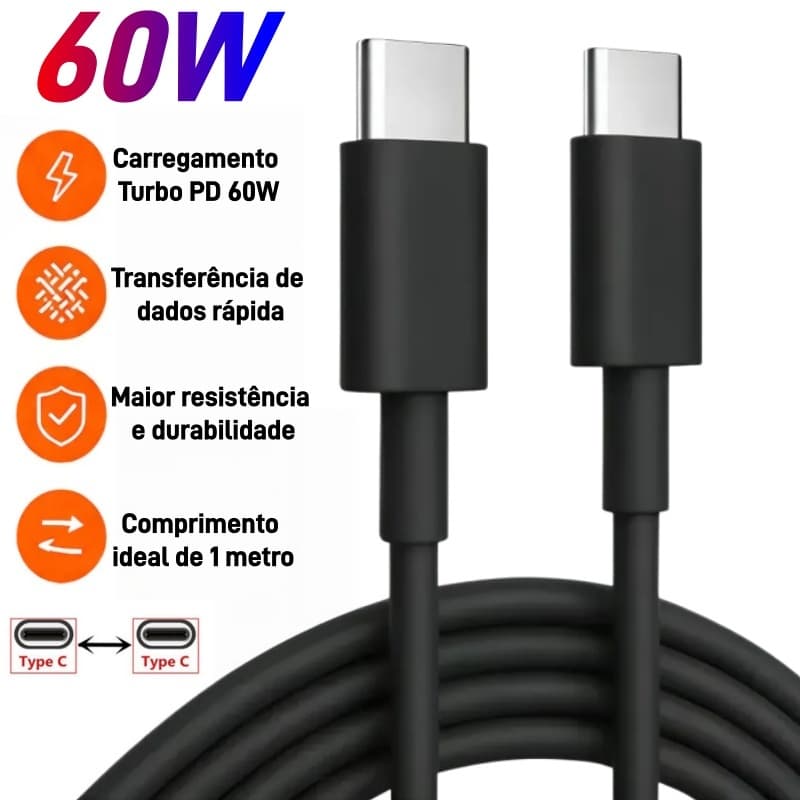 Cabo USB-C Type C 60W PD Para iPhone Notebook Android Carregamento Rápido 1m