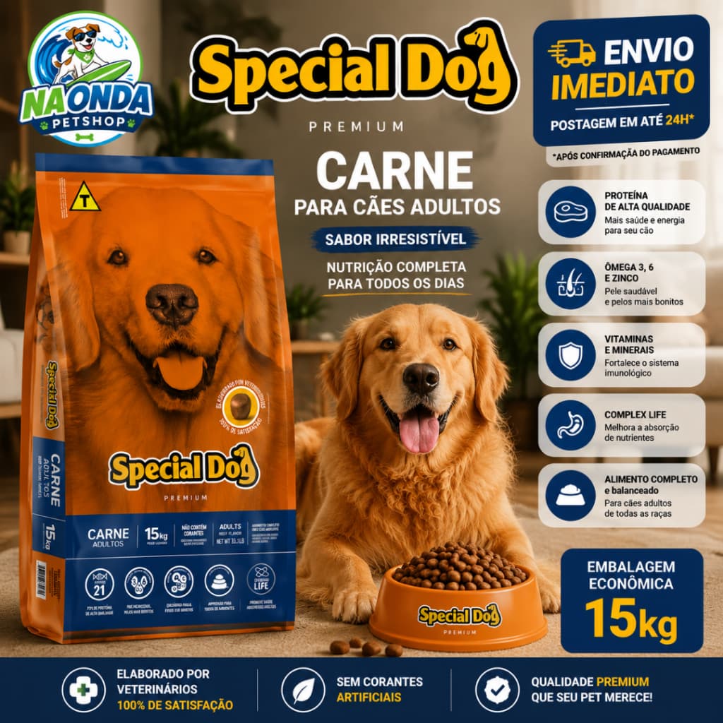 Special Dog Carne 15kg Ração Para Cachorro Adulto Proteínas Vitaminas e Minerais - Envio Imediato