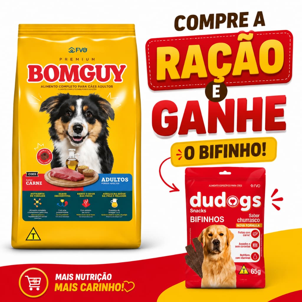 RAÇÃO PREMIUM BOMGUY COEX CÃES ADULTOS 10KG, COMPRE E GANHE UM PETISCO DUDOGS BIFINHO 65G!