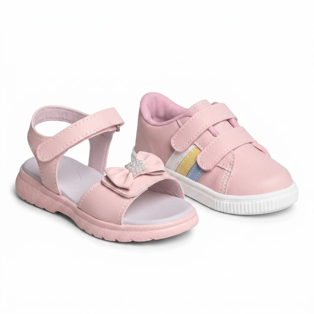 Kit Calcado Infantil Menina Tenis Casual E Sandalia Laco Rosa Leve Macio Confortavel