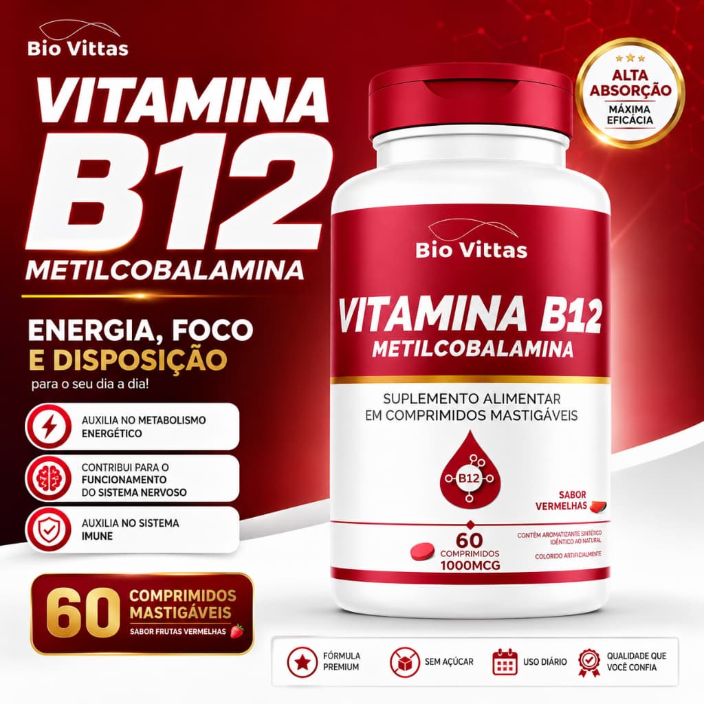Bio Vittas Vitamina B12 Metilcobalamina 1000mcg 60 Comprimidos Mastigáveis Suplemento Alimentar Premium