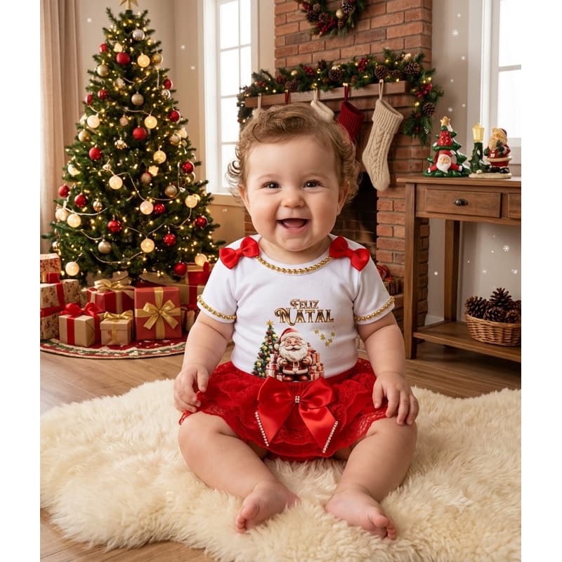 Body bebê Natal Papai Noel menina tapa fralda calcinha bunda rica renda