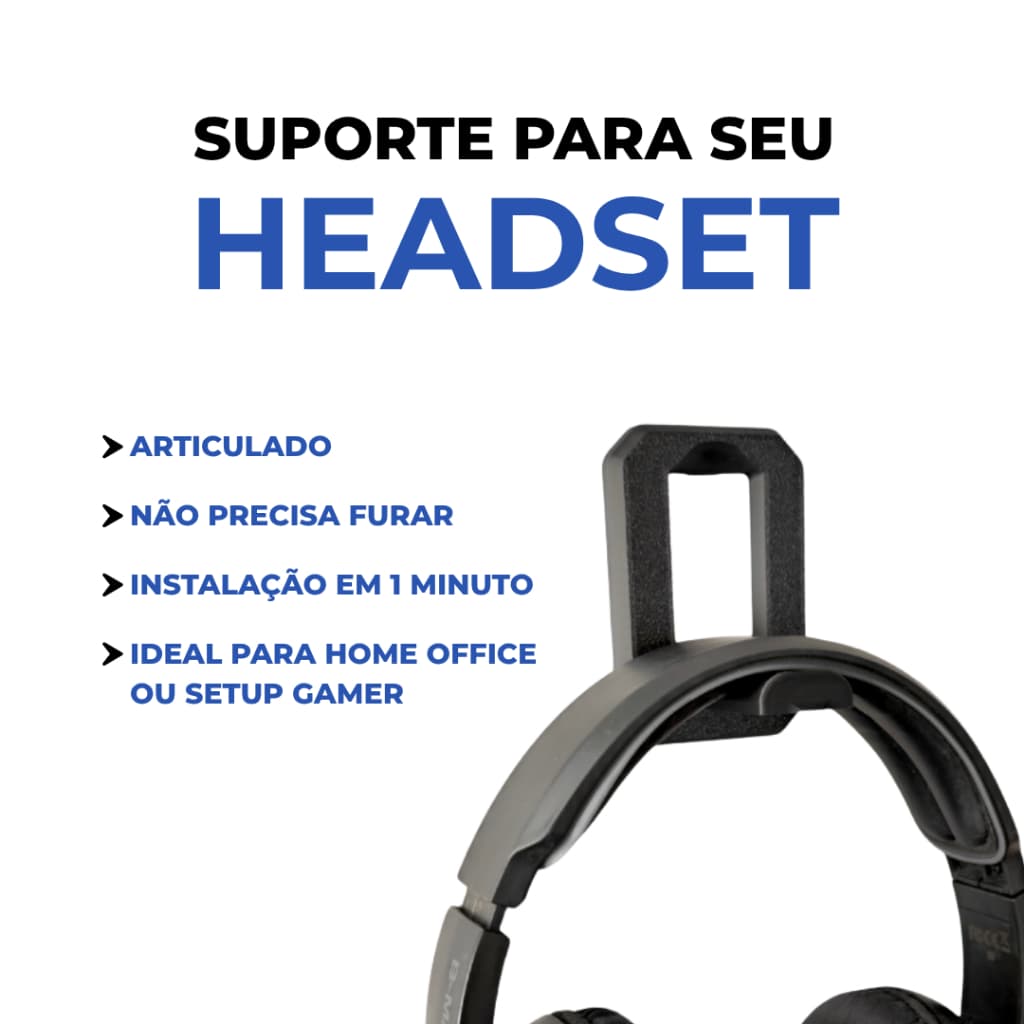 Suporte Headset Articulado Sem Furo Fita 3M Gancho Fone de Ouvido Parede Mesa Monitor Gamer Home Office