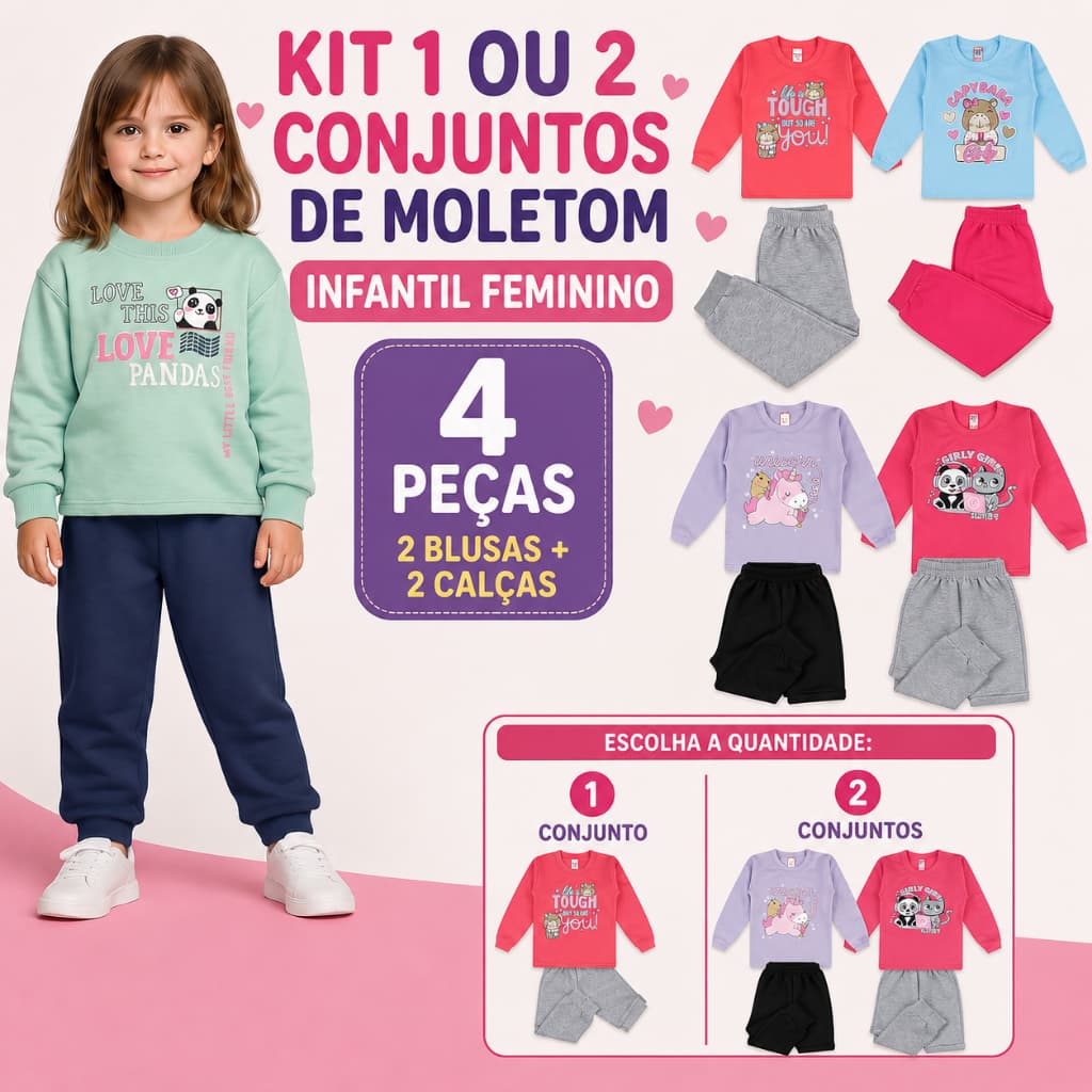 Conjunto Moletom Infantil Feminino Inverno 85% Algodão 1 ou 2 Conjuntos Tam 1 ao 8 Estampas Sortidas