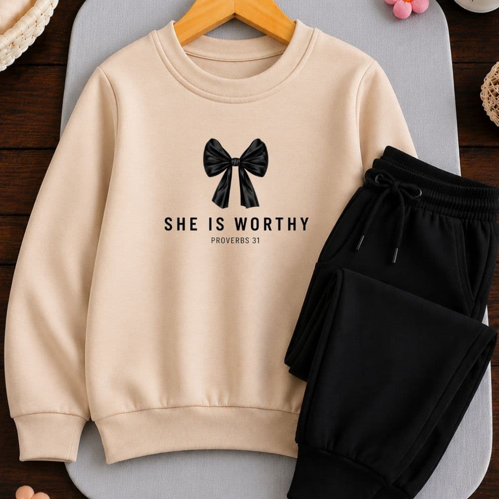 Conjunto moletom juvenil e infantil meninas she is worthy laço e calça moletom premium