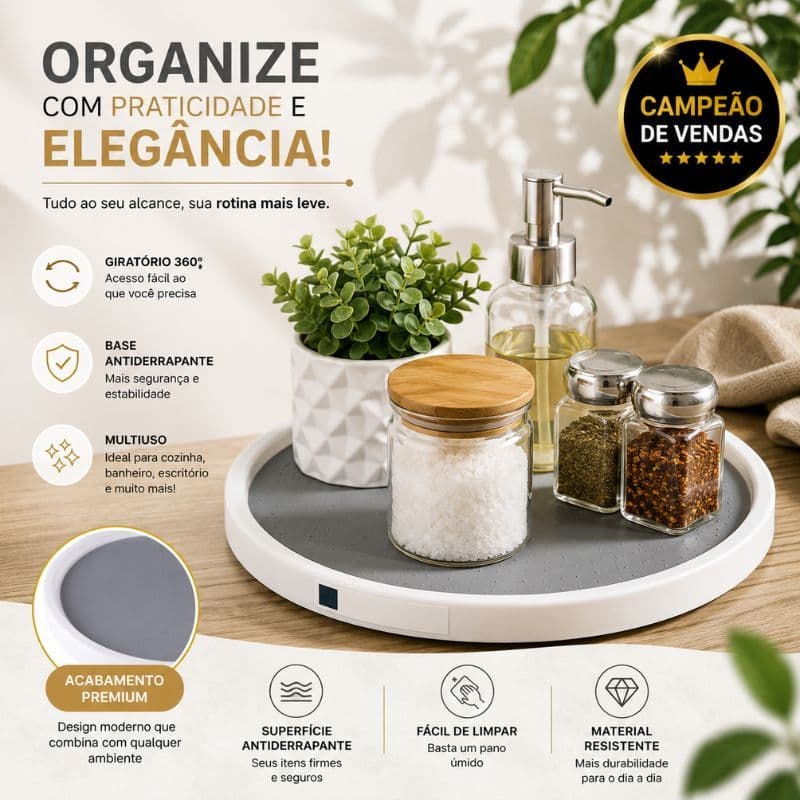 Organizador Giratório 360° Premium 25cm Base Antiderrapante Silicone Plástico Reforçado Multiuso