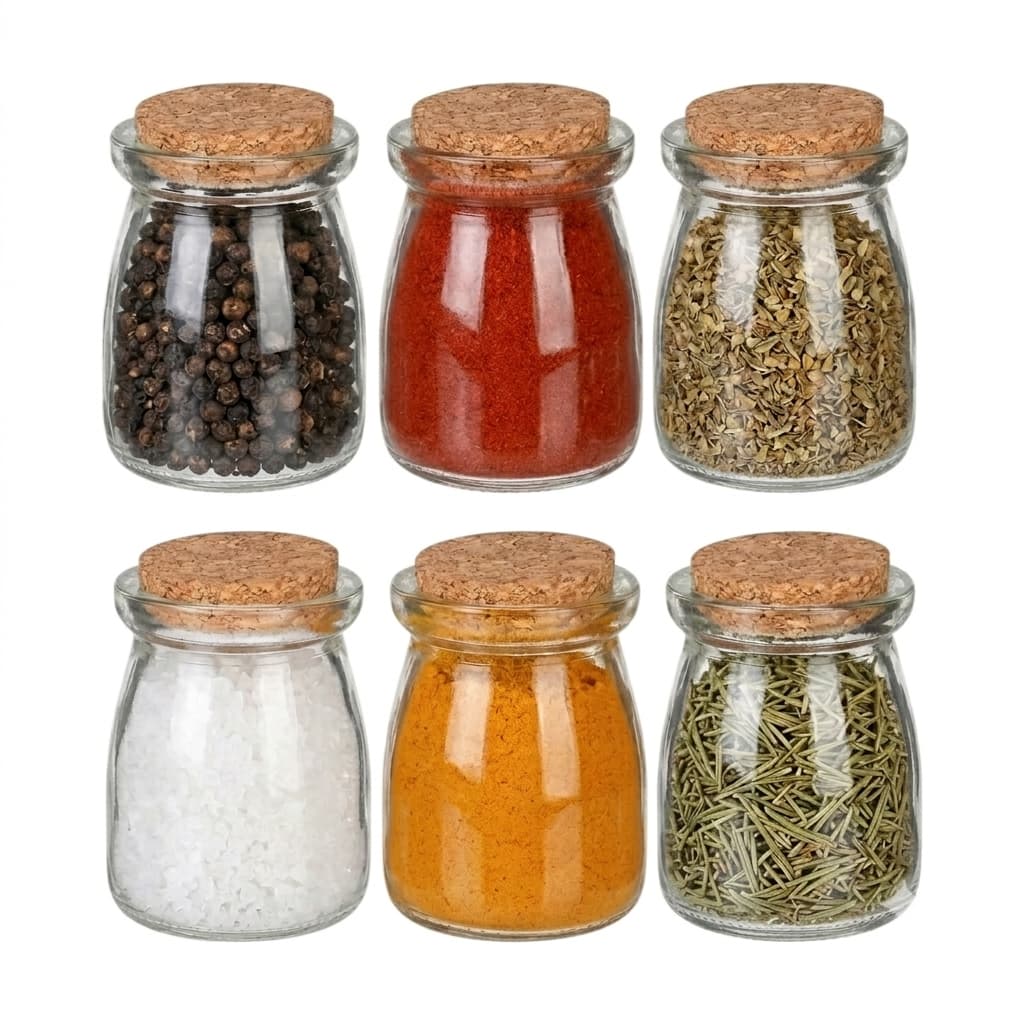 Kit 6 Potes de Vidro 100ml com Tampa de Cortiça para Organização de Temperos e Condimentos