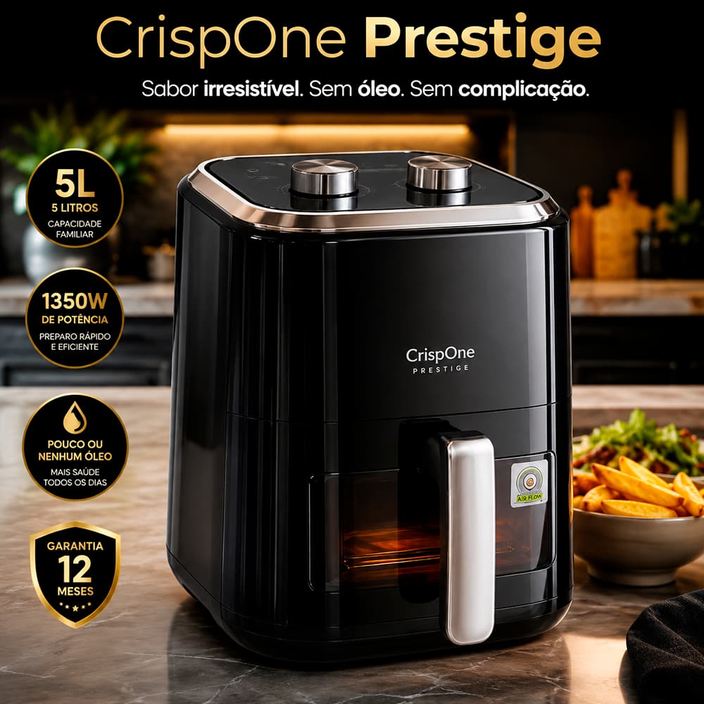 Air Fryer 5 Litros 220V Sem Óleo Fritadeira Elétrica Familiar 1350W Antiaderente CrispOne Prestige Preta