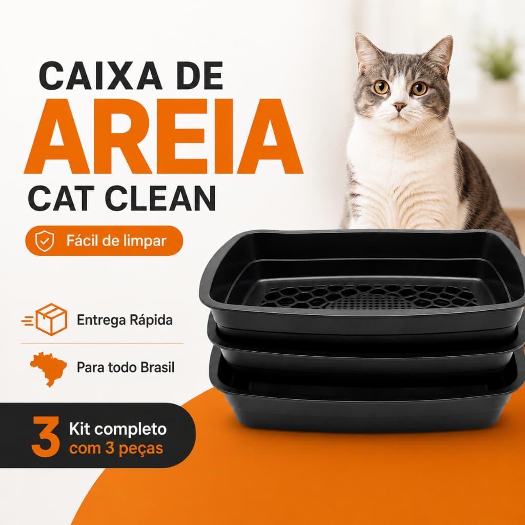 Caixa de Areia para Gato Preta Bandeja Sanitária Higiênica Cat Clean Kit 3 Peças Fácil Limpeza
