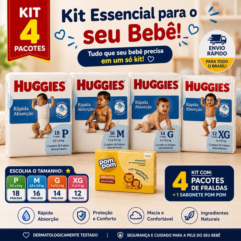 Kit com 4 Pacotes de Fralda Descartáveis Huggies Tripla Proteção P | M | G | XG +1 SABONETE HUGGIES