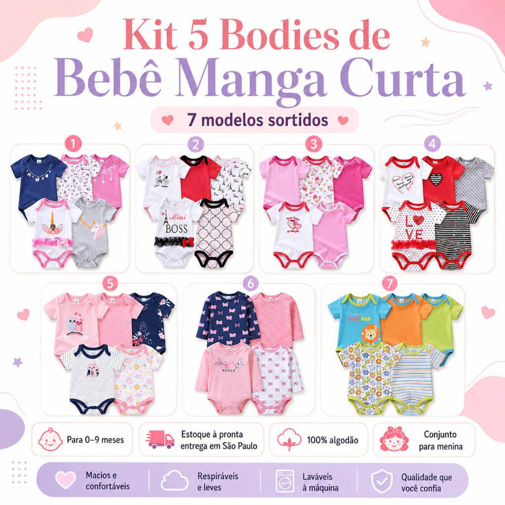 Pjamas De Bebê Kit 5 Bodys Estampado Roupa Bebê Manga Curta Menino e Menina
