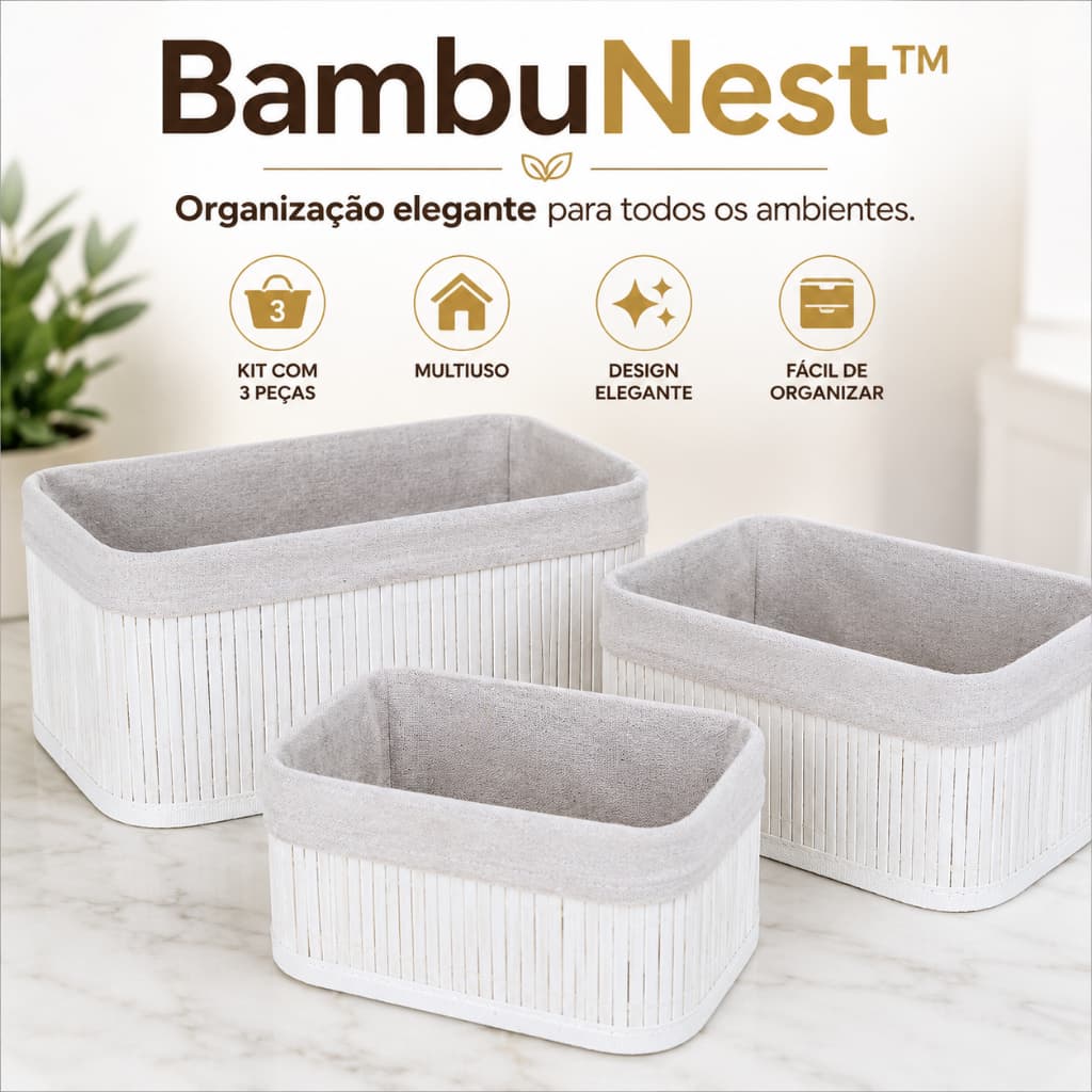 Kit 3 Cestos Organizadores de Bambu Branco Organizador Multiuso para Banheiro Cozinha Guarda Roupa