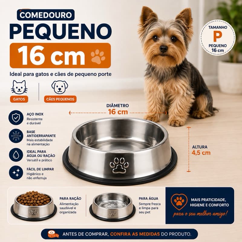Comedouro Pequeno 16cm Inox Antiderrapante para Cachorro Pequeno e Gato | Tigela para Água e Ração