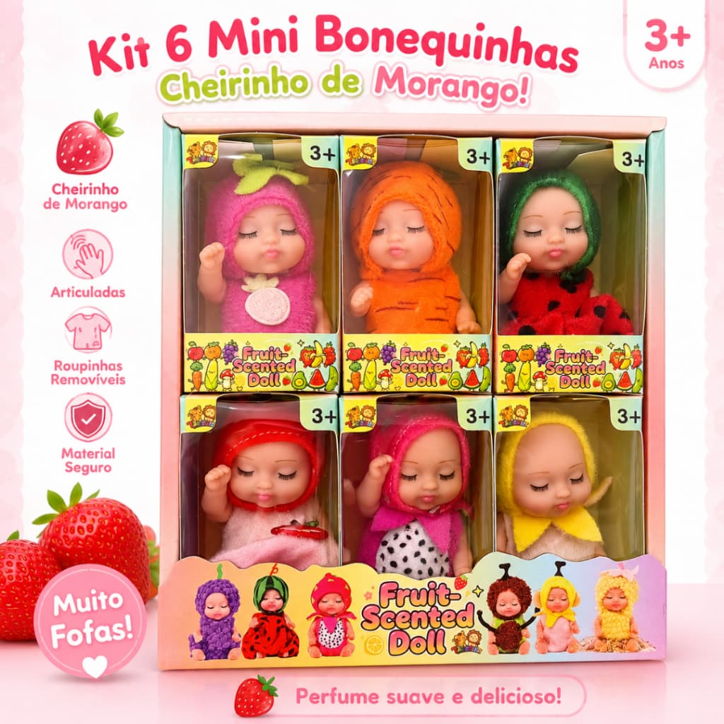 Kit Bonequinhas Cheirinho de Morango 3 ou 6 Unidades Mini Bonecas Articuladas Infantil Frutinhas